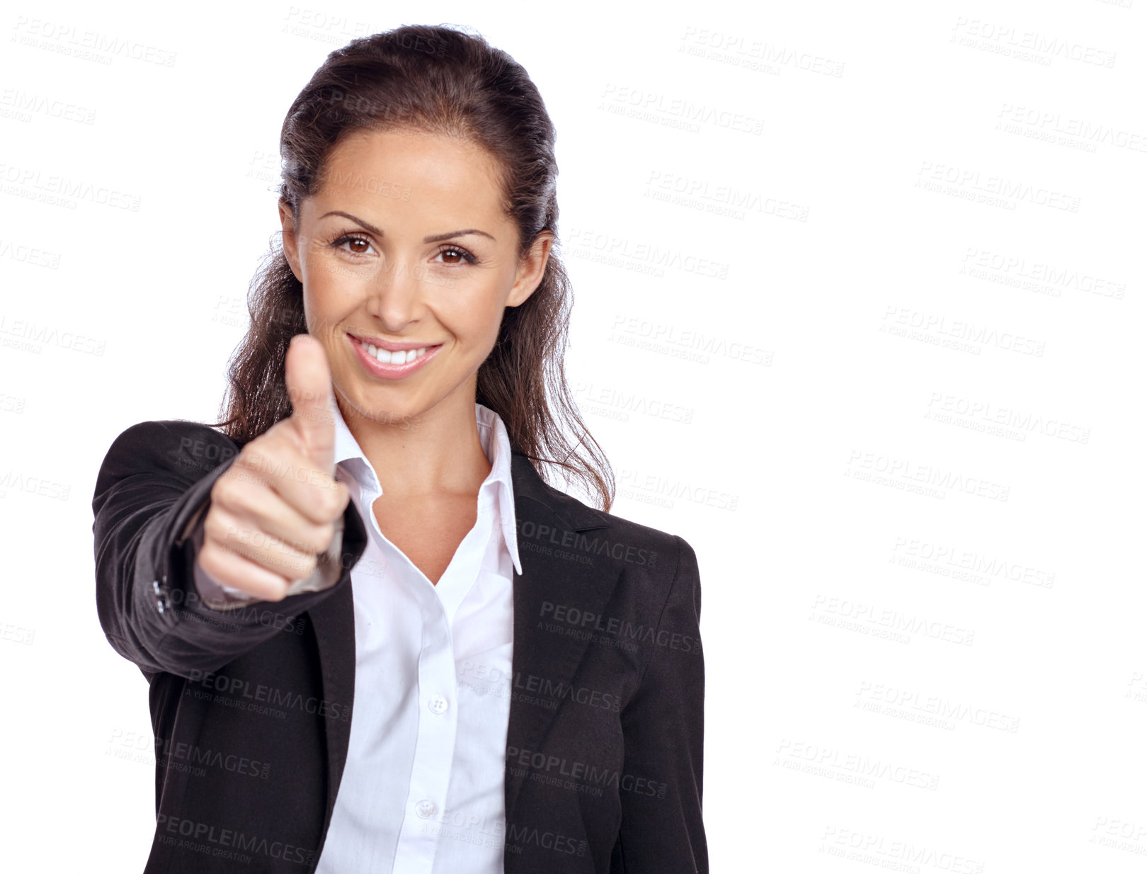 Buy stock photo Woman, corporate and studio portrait with thumbs up, smile and success by white background. Isolated executive, business leader and hand sign for goals, innovation and agreement with company vision