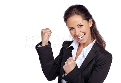 Buy stock photo Business woman, success with fist and achievement in career, winner portrait and champion isolated on white background. Yes, corporate employee goals and mindset with fist pump and happy woman