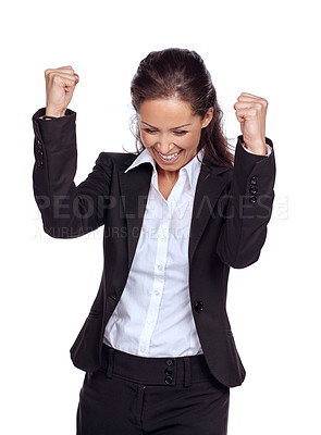 Buy stock photo Business woman, yes and winner with career achievement, success and champion isolated on white background. Yes, corporate employee goal and mindset, fist pump and happy woman winning with celebration