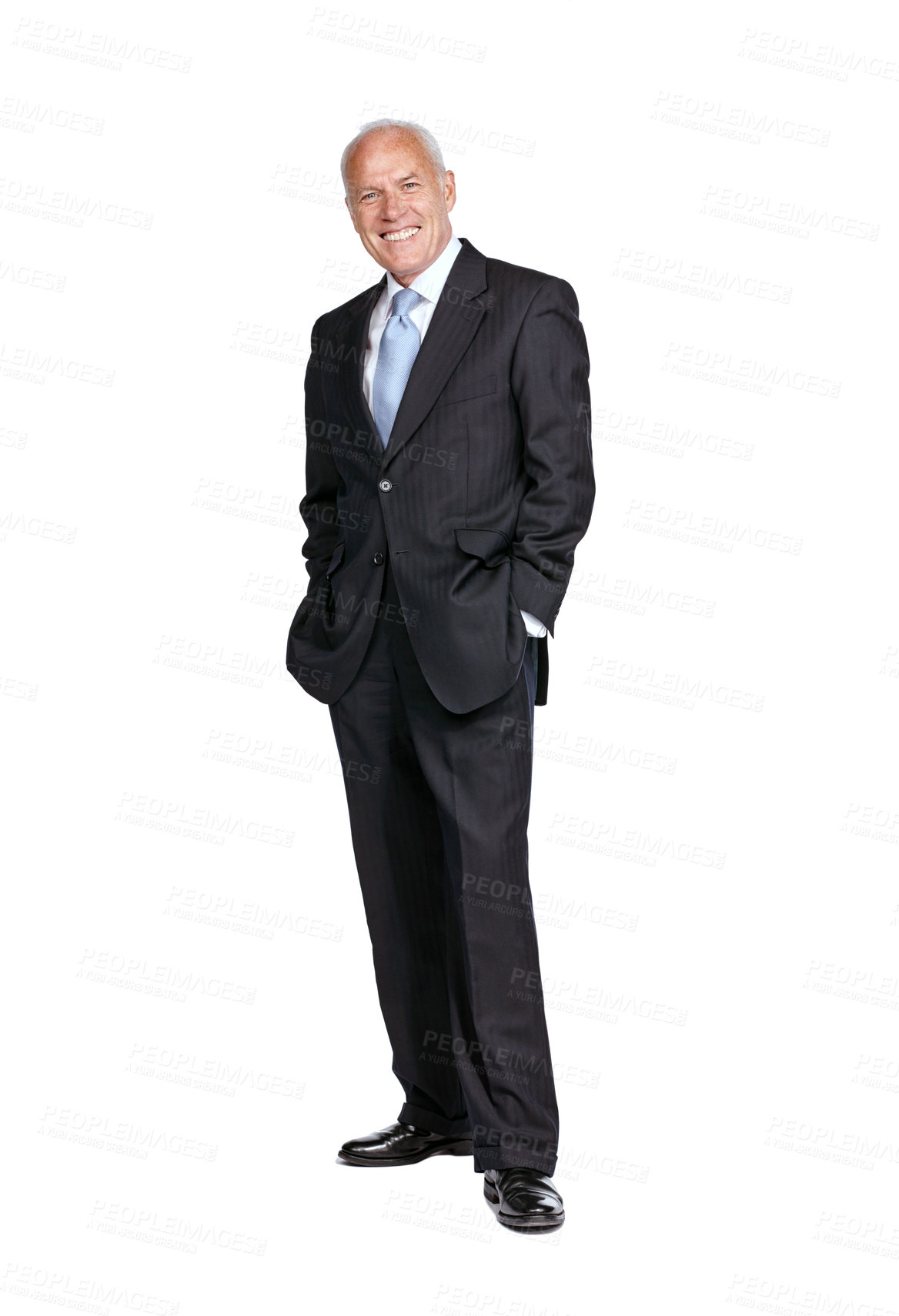 Buy stock photo Studio portrait, senior businessman and happy for success, goal and excited by white background. Elderly corporate leader, isolated ceo and focus with smile, motivation and company vision with suit