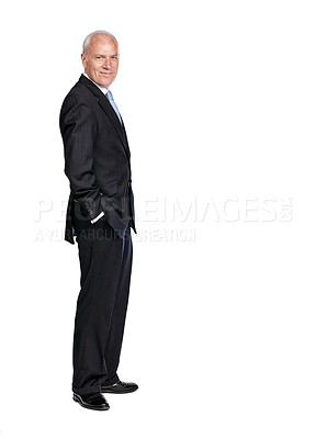 Buy stock photo Portrait of a senior business man smiling and happy while standing isolated against a studio white background. Caucasian, mature and executive corporate CEO or professional employee