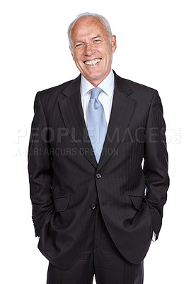 Buy stock photo Portrait, business and senior man with smile, leadership and confident ceo isolated on white studio background. Male employee, entrepreneur and leader with happiness, marketing manager and corporate
