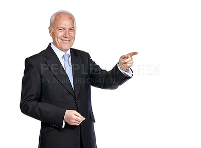 Buy stock photo Happy, portrait and businessman pointing at mockup space for a marketing, advertising or product placement. Mock up, corporate and elderly male model point finger while isolated by a white background