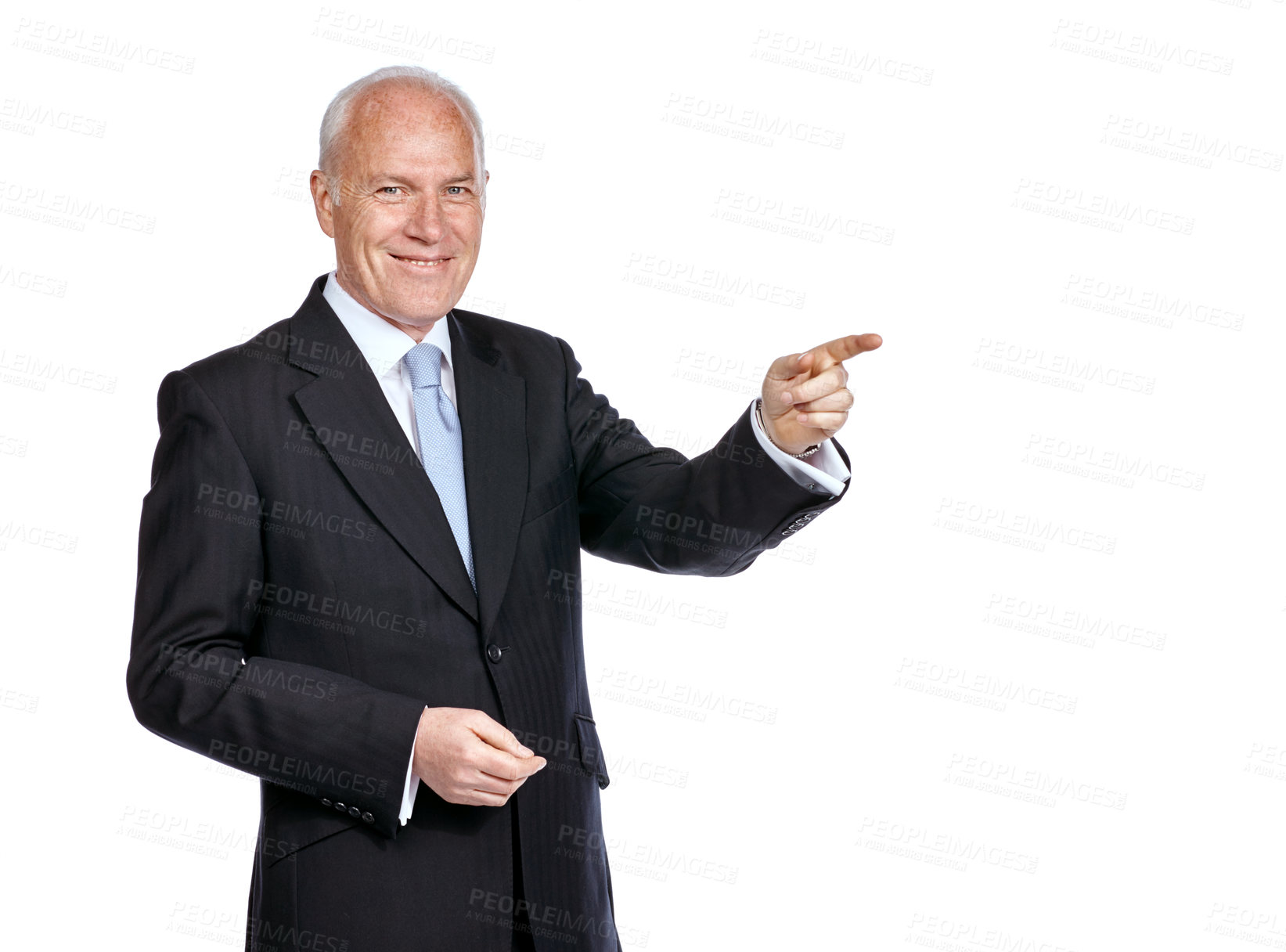 Buy stock photo Happy, portrait and businessman pointing at mockup space for a marketing, advertising or product placement. Mock up, corporate and elderly male model point finger while isolated by a white background