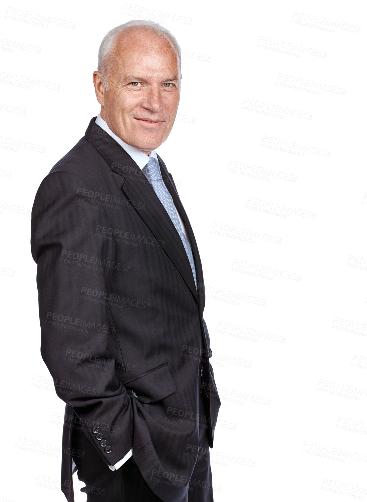 Buy stock photo Studio portrait, senior businessman and smile for success, goals or vision by white background. Elderly corporate leader, happy and isolated for focus, leadership or motivation with professional suit