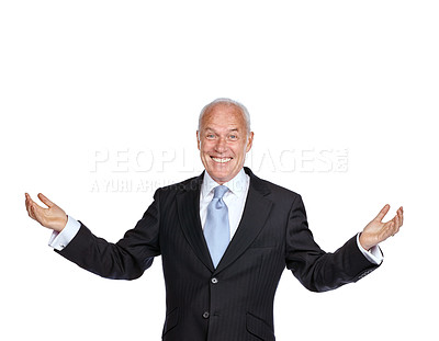 Buy stock photo Senior businessman, raised hands and smile portrait for success, corporate goals and motivation isolated in white background. Elderly man, happy and excited with arms in air for ceo work celebration