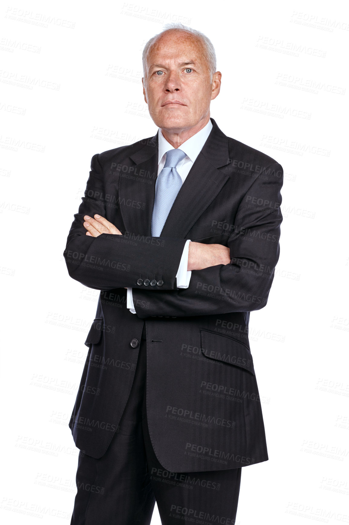 Buy stock photo Portrait, business and man with crossed arms in studio with a luxury, classy and stylish suit. Serious, leadership and senior male model with corporate and elegant outfit isolated by white background