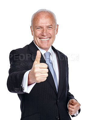 Buy stock photo Businessman, ceo and success portrait with thumbs up for career victory with excited smile for achievement. Happy, winner and senior corporate worker with yes gesture on isolated white background