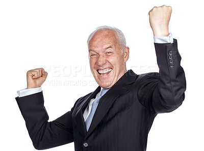 Buy stock photo Senior businessman, celebration and studio portrait with fist hand, smile and white background. Elderly corporate leader, isolated ceo and excited to celebrate, happy hands and air with suit for goal
