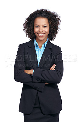 Buy stock photo Black woman, corporate and studio portrait with arms crossed, smile and vision by white background. Isolated manager, woman and happy in company, success and motivation for dream, goals and mission