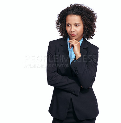 Buy stock photo Corporate black woman, thinking and studio with idea, vision and focus by white background. Isolated woman, business leader and professional for ideas, decision and choice for future, career or dream