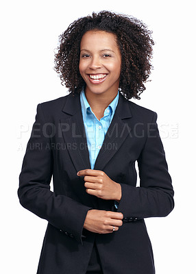 Buy stock photo Corporate black woman, studio portrait and smile with success, vision and focus by white background. Isolated woman, business leader and professional with happiness, goal and dream career with suit
