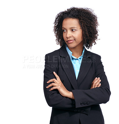 Buy stock photo Black woman, thinking and business in studio with arms crossed, suit or idea by white background. Corporate leader woman, focus or job with strategy, mission or motivation for success, goal or career