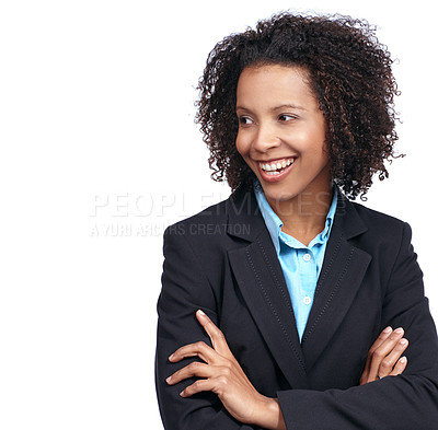 Buy stock photo Black woman, smile and studio with arms crossed, suit and thinking for business by white background. Corporate leader woman, success and happy with pride, mission and motivation for career goals