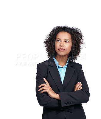 Buy stock photo Black woman, business and vision with suit, thinking and studio with white background for idea. Corporate leader, woman and focus for ideas, strategy or mission with arms crossed, motivation and goal