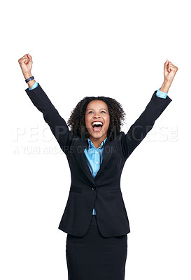 Buy stock photo Success, celebrate and black woman with a business win isolated on a white background in studio. Motivation, happy and smile of an African employee excited about goals, achievement and bonus