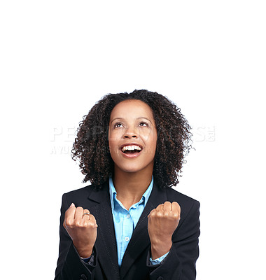 Buy stock photo Fist, looking up and success woman isolated on white background winner, winning and vision for dream career. Mockup space, business person or black woman with goals, wow and celebration hands sign