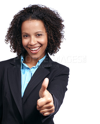 Buy stock photo Corporate black woman, thumbs up and studio portrait with smile, yes and focus by white background. Happy isolated woman, business leader and hand sign for goal, agreement and suit in dream career