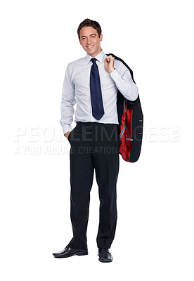Buy stock photo Businessman, corporate portrait and success with leadership and ceo isolated on white background. Executive business man, smile and mindset with vision, happy with professional mockup and leader