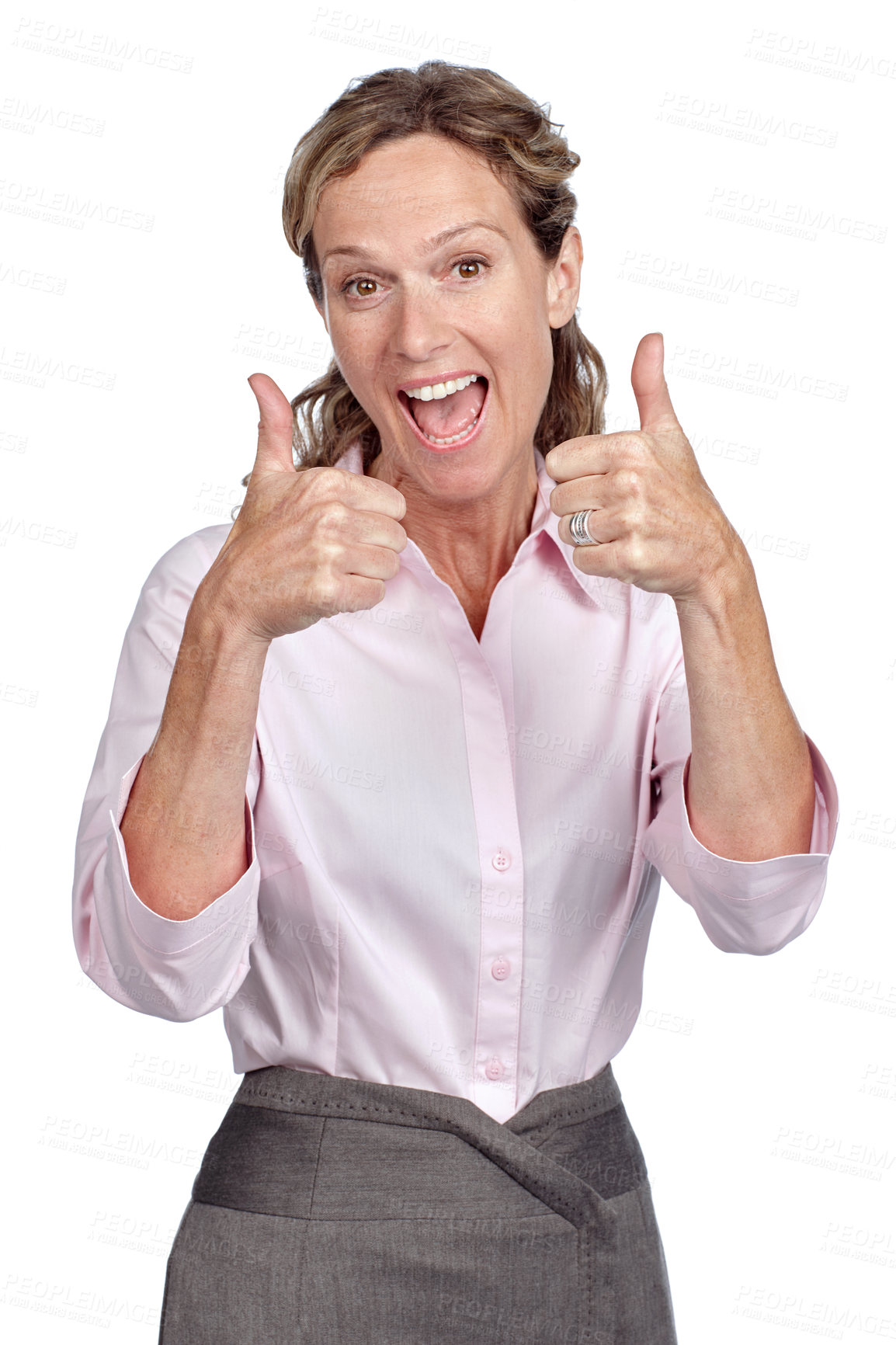 Buy stock photo Business woman and success portrait with thumbs up for career victory with excited smile for achievement. Happy, winner and corporate worker with yes and approval gesture on isolated white background