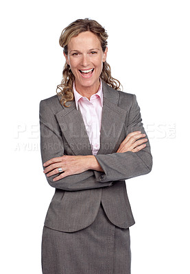 Buy stock photo Portrait, smile and a business woman in studio isolated on a white background standing arms crossed. Trust, confidence and ambition with a happy female employee posing on blank space in a suit