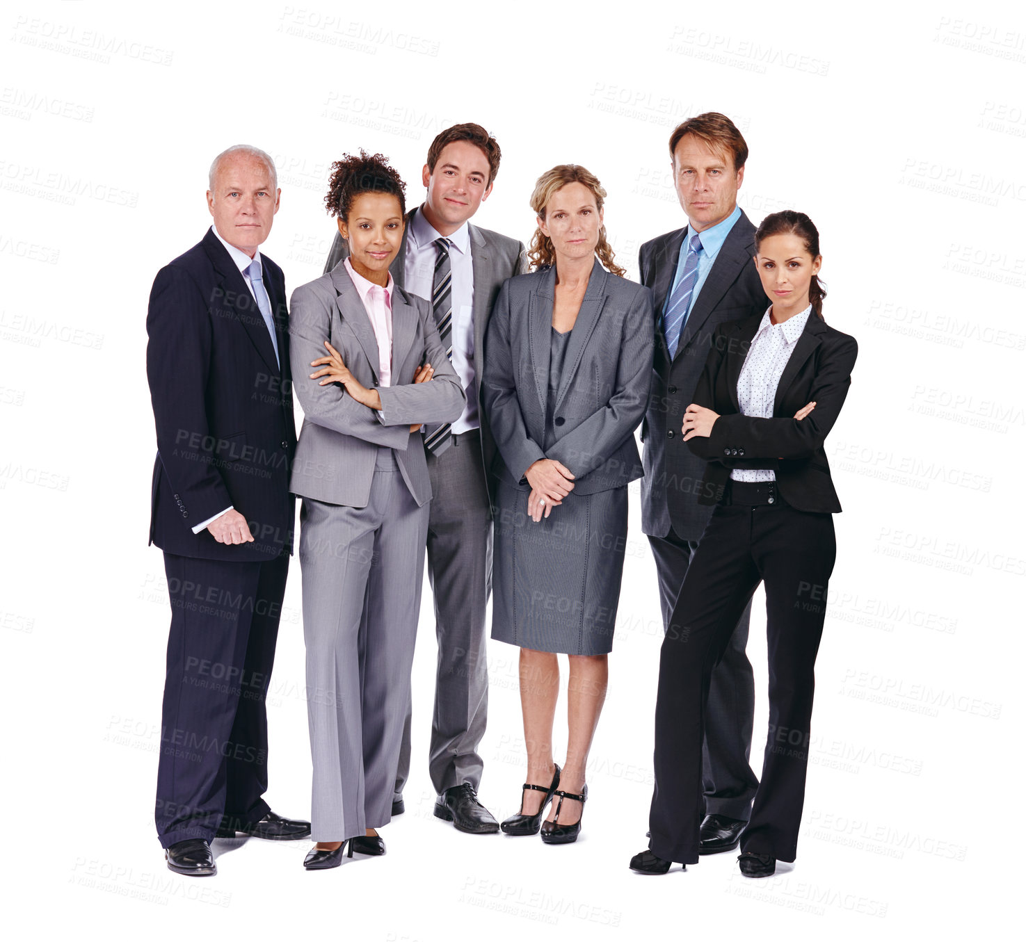 Buy stock photo Portrait, group and business people isolated on a white background for proud teamwork, leadership or mindset. Serious corporate executive, professional employees or diversity staff in suit for career