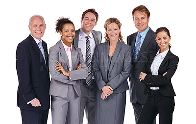 Buy stock photo Group studio portrait, business people and white background with smile, suit and focus for success in team. Happy corporate teamwork, motivation or isolated for goals, mission and professional vision