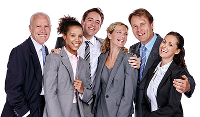Buy stock photo Group studio portrait, white background and business people with smile, suit and success with diversity. Happy corporate team, motivation and isolated for executive goal, mission and collaboration