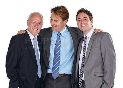 Buy stock photo Businessman, group and studio embrace with smile, vision and collaboration by white background. Isolated corporate team, man and friends in company, teamwork and hug for success, goals and mission