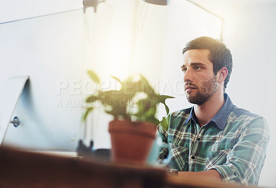 Buy stock photo Computer, graphic design and businessman in office for online research, website software and internet. Creative agency, web designer and person on pc for developer, programming and coding at desk