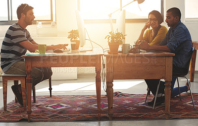 Buy stock photo Coworking, web designer and team in office with work and lens flare of small business. Startup, teamwork and staff in a workplace with communication of tech group with website design for project