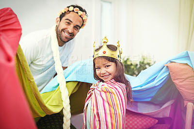 Buy stock photo Fantasy, dress up dad portrait and children in a blanket fort with costume, girl and kids together. Play castle, happiness and smile with father and child in home feeling excited and happy about game