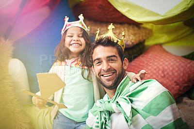 Buy stock photo Fantasy dress up, kid portrait and dad together and princess fun in a bedroom fort with crown and girl. Play castle, happiness and smile with father and child in a home excited and happy about a game