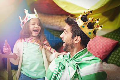 Buy stock photo Fantasy, child dress up and dad with princess fun in a bedroom fort with costume, girl and papa together. Play castle, happiness and smile with father and child in home laughing and happy about game
