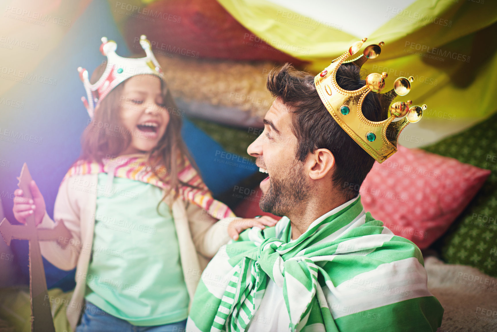 Buy stock photo Fantasy, child dress up and dad with princess fun in a bedroom fort with costume, girl and papa together. Play castle, happiness and smile with father and child in home laughing and happy about game