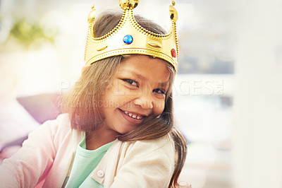Buy stock photo Smile, girl or princess with crown in portrait, home or castle with queen costume or royal tiara. Play, happiness or face of a child or kid ready for dress up, development or fantasy game in a house