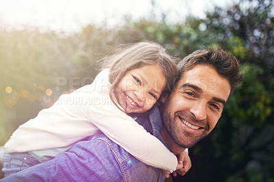Buy stock photo Happy, piggyback and portrait of father and daughter in nature for bonding, laughing or affectionate. Smile, relax and happiness with man carrying young child in park for support, weekend and hugging