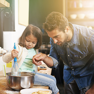 Buy stock photo Learning, breakfast and father with daughter in kitchen for pancakes, bonding and cooking. Food, morning and helping with man and young girl in family home for baking, support and teaching nutrition
