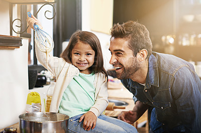 Buy stock photo Pancakes, breakfast and cooking with father and daughter in kitchen for smile, bonding and learning. Food, morning and helping with man and young girl in family home for baking, support and nutrition