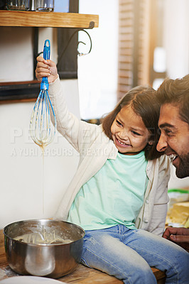 Buy stock photo Cooking, morning and father with daughter in kitchen for pancakes, bonding and learning. Food, breakfast and helping with man and young girl in family home for baking, support and teaching nutrition