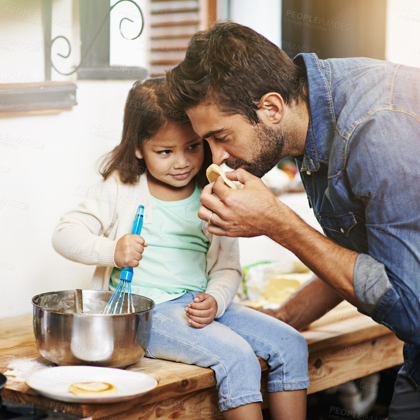 Buy stock photo Cooking, smell and father with daughter in kitchen for pancakes, bonding and learning. Food, morning and helping with man and young girl in family home for baking, support and teaching nutrition