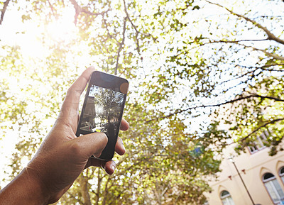 Buy stock photo Phone, screen and photography of trees in park at college, campus or academy building with nature. Outdoor, filming and hand click recording on cellphone to post online about environment at school