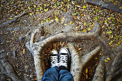 Buy stock photo Pov, shoes and person in park with fashion, casual style and trendy sneakers by trees or nature. Top view, streetwear and feet of teenager in town for vacation, holiday and adventure on weekend