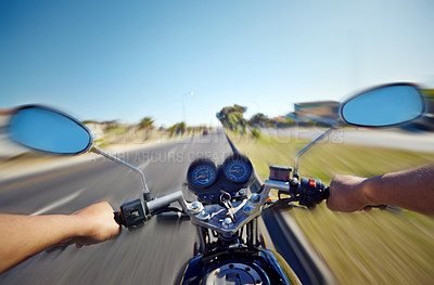 Buy stock photo Motion blur POV of motorcyclist riding a motorcycle on a highway. Adrenaline junkie, daredevil man traveling and commuting fast down road or street on weekend. Enjoying freedom, motorbike on freeway