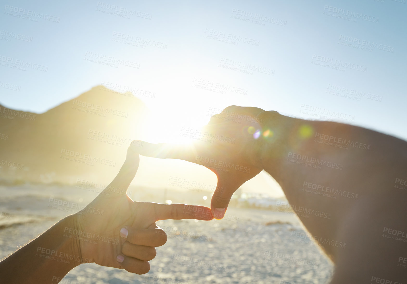 Buy stock photo Pov, hands and frame with sunshine, beach and wellness with sky, getaway and memory of ocean getaway. Closeup, hand and person with sunlight, seaside holiday and summer vacation on a tropical island