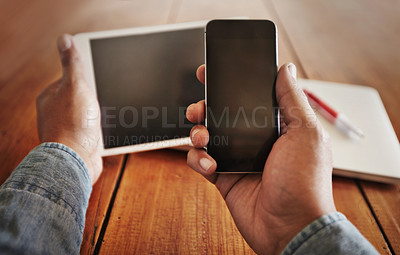 Buy stock photo POV, person and cellphone with a screen, tablet and social media with connection, network and digital chatting. Closeup, hands and technology for online reading, website search and mobile application