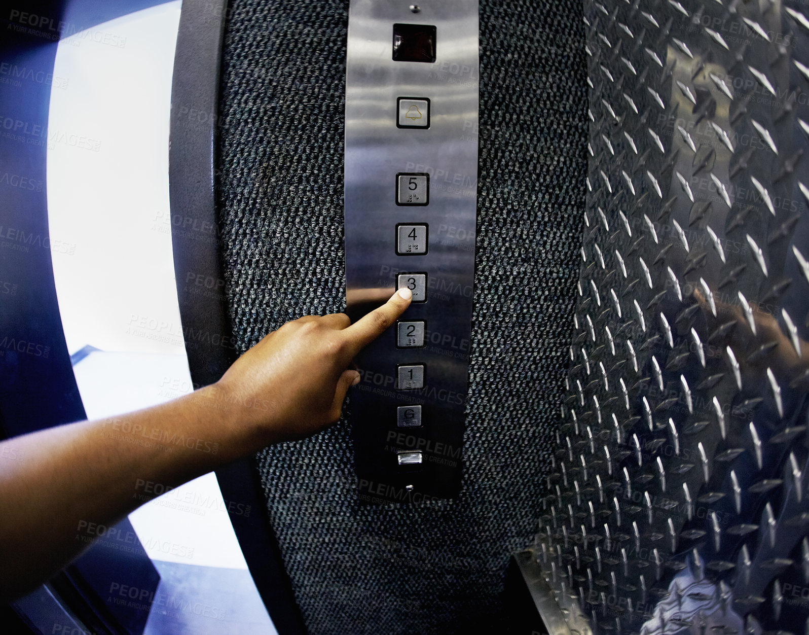 Buy stock photo Person, elevator and button with hand to floor going up in hotel building, architecture or technology. Pov, fingers and pressing for accommodation level or business office with lift, metal or door