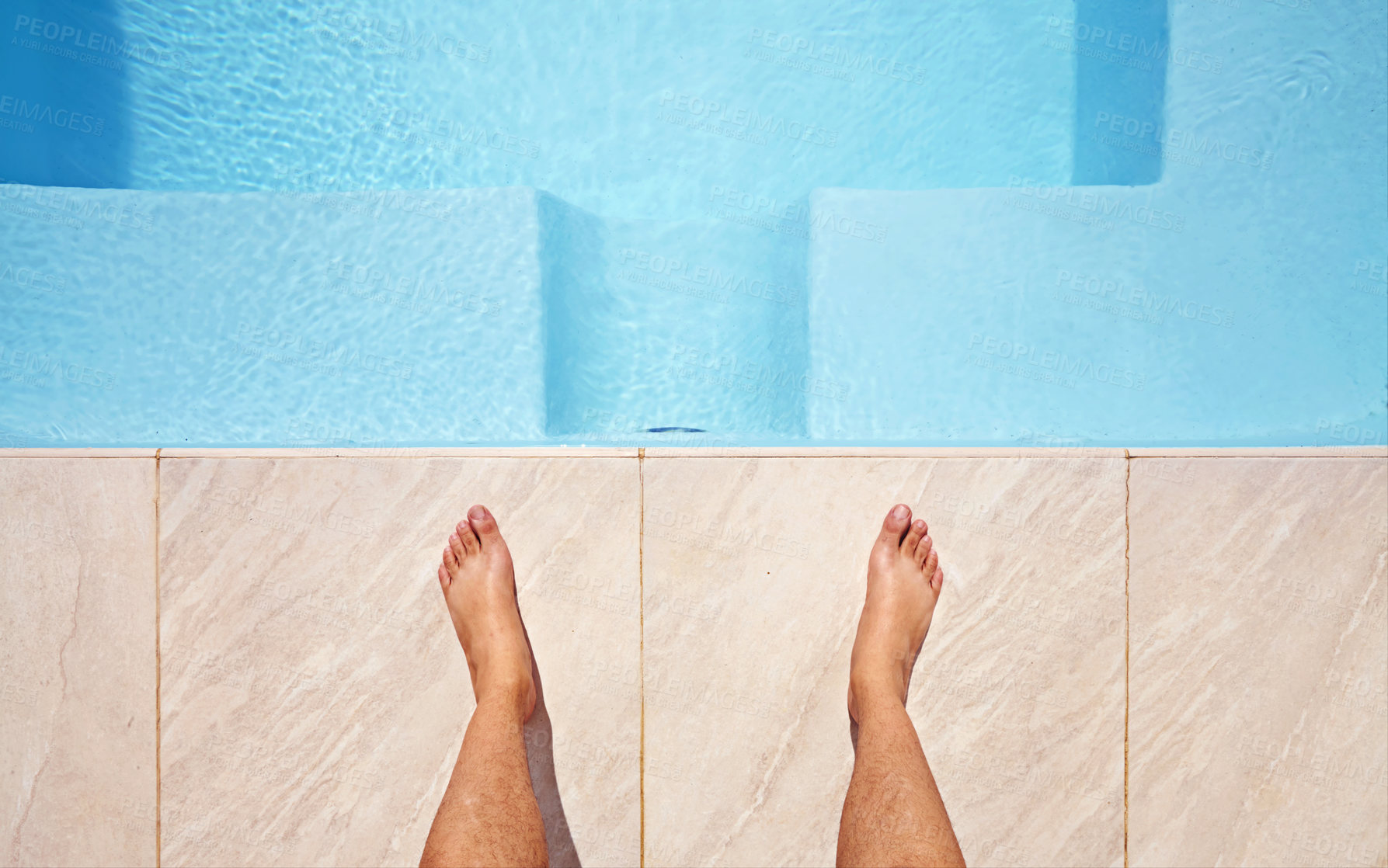 Buy stock photo Water, feet and pov of man at a pool for swimming, leisure and summer, fun and relax. Barefoot, swimmer and legs of male person at poolside on holiday, vacation or enjoying a weekend swim outdoor