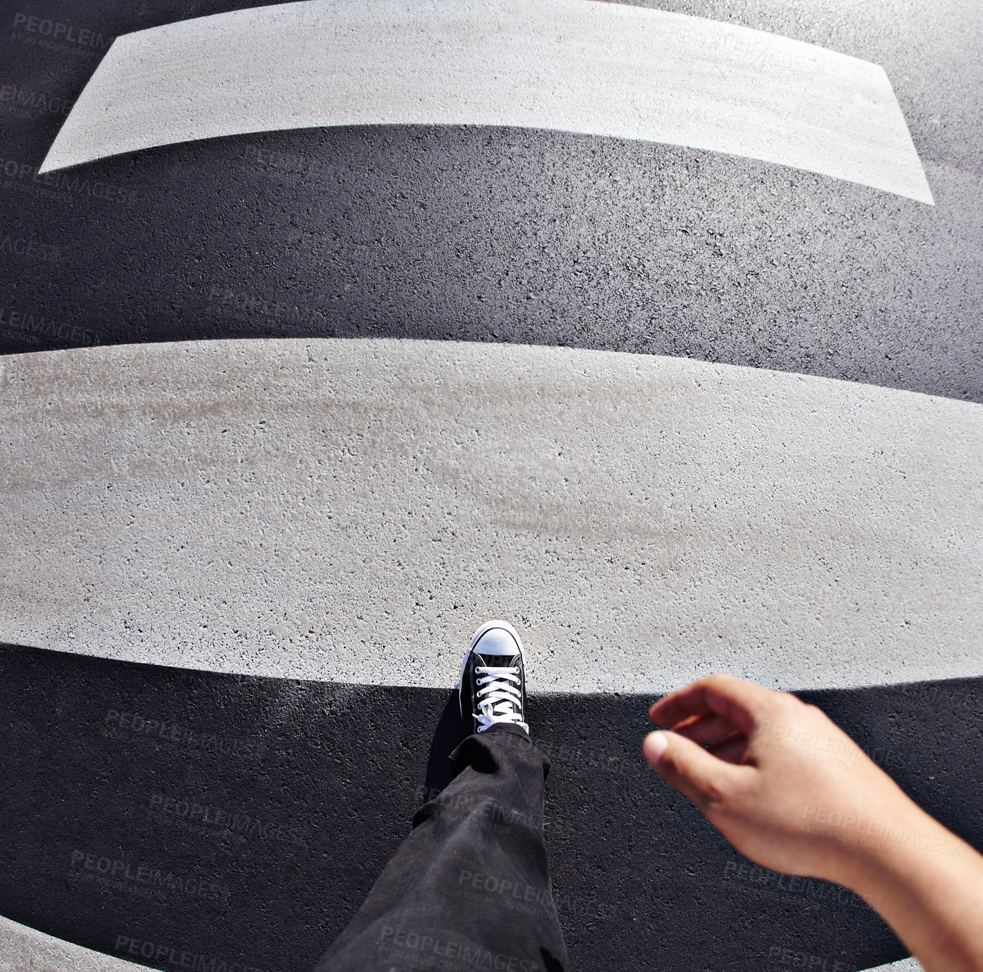 Buy stock photo Pov, shoes and man in a road at a pedestrian crossing for weekend, travel and fun in a city. Above, feet and walking male outdoors for fun, walk and commute or solo travelling in town in the morning