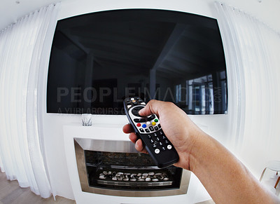 Buy stock photo POV, television and hands of man with remote control in a living room for relax, weekend and movie. Channel, change and male in a lounge watching tv, resting and day off in his home with subscription